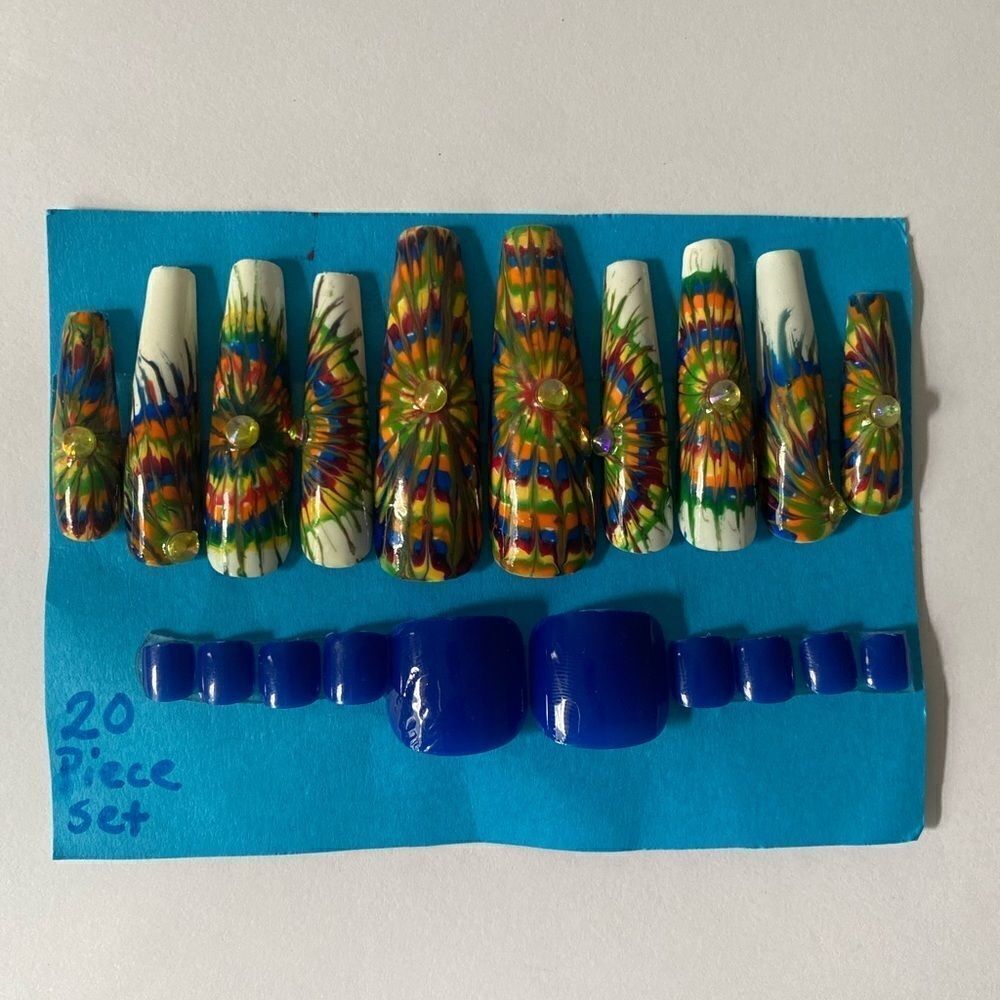 Tie dye press on Manicure 💅 with Blue press on pedicure nails - Picture 4 of 8
